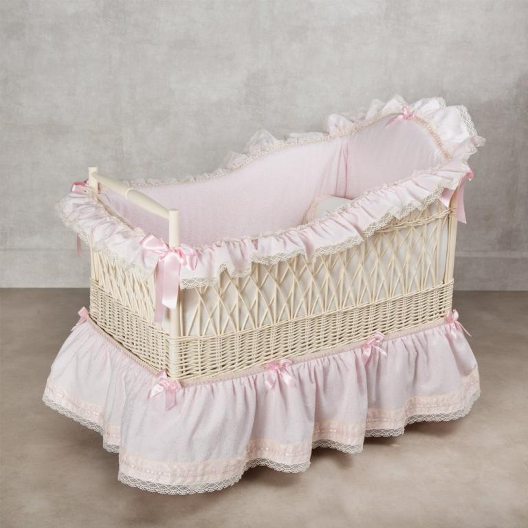 Mini Cuna de Mimbre para Bebé + Vestidura Rosa Mini Cuna de Mimbre para Bebé + Vestidura Rosa